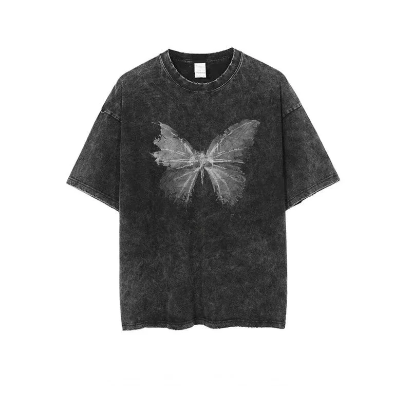 

Summer Neutral Retro Trend Short Sleeved Butterfly Print Men/women Fashionable Casual Loose Vintage 240g Pure Cotton T-shirt