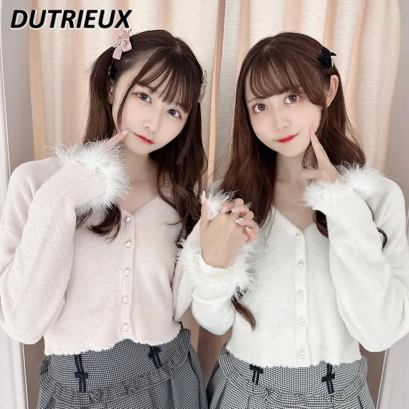 

Japanese Style Autumn and Winter Mine Mass-Produced Soft Girl Fur Cuff Sweater Sweet V-neck Short Knitted Cardigan Coat