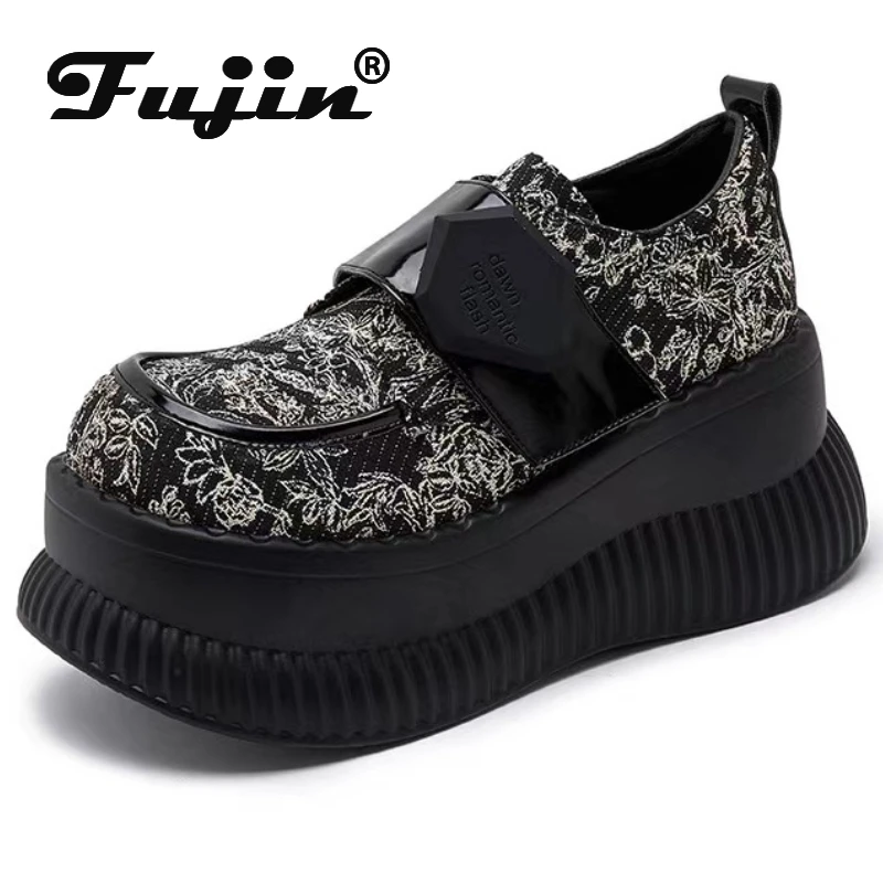 

Fujin 7cm Denim Print Cloth Synthetic Leather Comfy Platform Wedge Pumps Chunky Sneaker High Brand Spring Autumn Casual Shoes