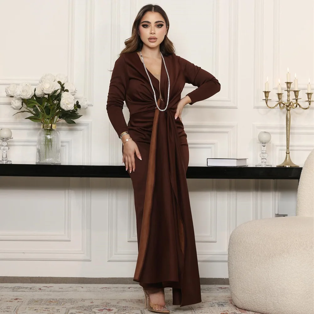 

Charming V-Neck Long Sleeve Prom Gown Sexy Straight Solid Color Pleat Evening Dresses for Women فساتين السهرة 2023 جديده