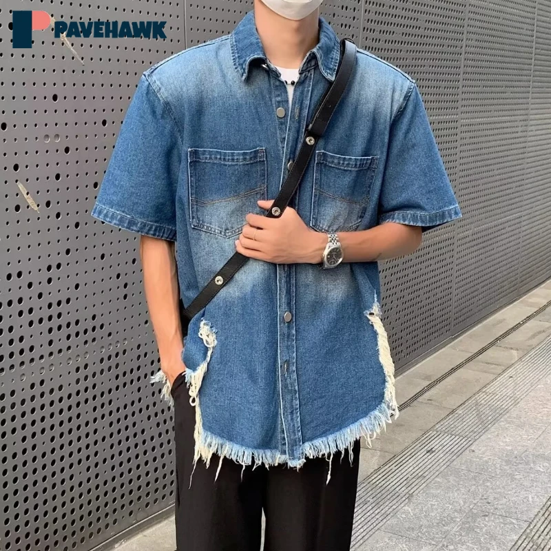 

Vintage Washed Denim Short Sleeve Shirt Men Loose Summer Hole Tassels Lapel Shirts Tops High Street Handsome Casual Jean Coats