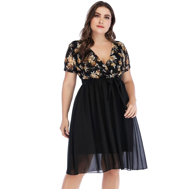 

Plus Size Elegant Floral Print Dress V Neck Short Sleeve High Waist Lace Up Perspective Mesh Splicing vestido feminino