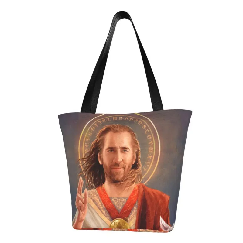

Сумка для покупок в стиле святого Николаса Кейдж, Холщовый саквояж на плечо с индивидуальным принтом, портативная вместительная сумочка-тоут с забавным мемом