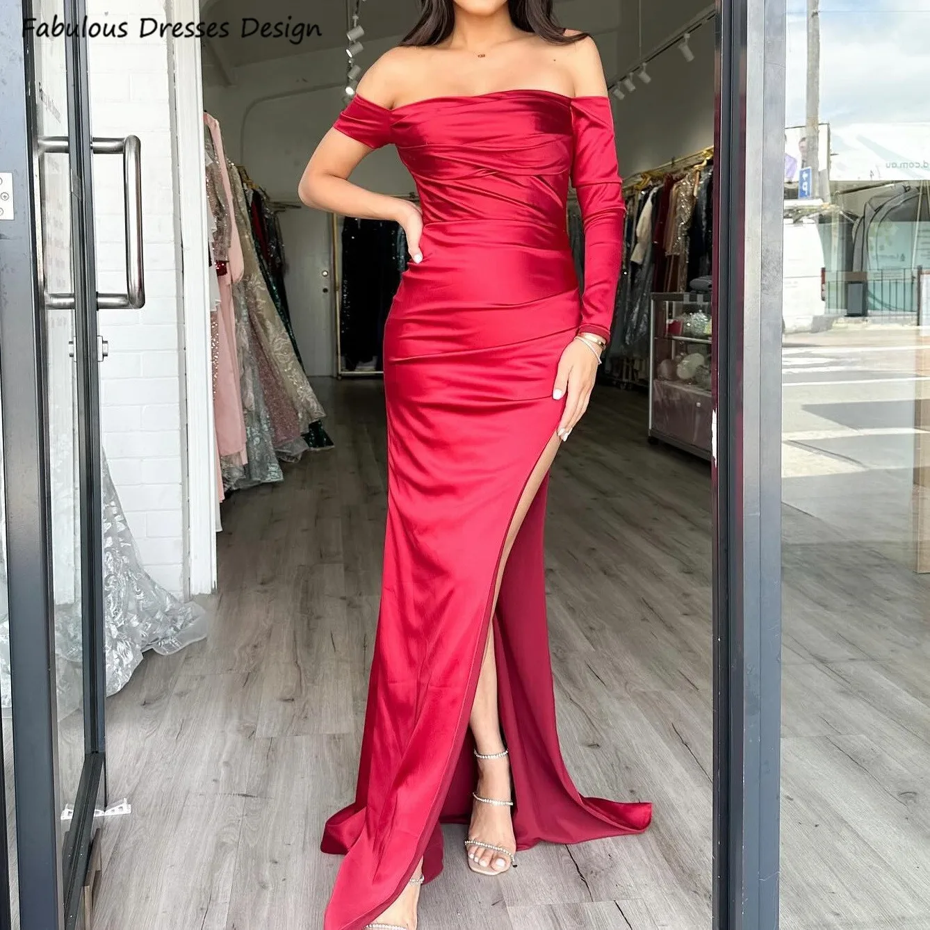 

Off Shoulder One Sleeve Bridesmaid Dresses Red Long Mermaid Boat Neck Slit Backless Wedding Guest Dress Women Prom Party Gown