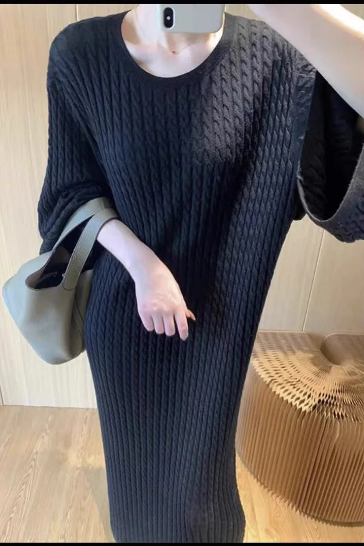 

Twisted Rib Threads Straight Mid-Calf Length Dress For Ladies 2023 Autumn Winter Solid O-Neck Knitted Long Sleeve Robe