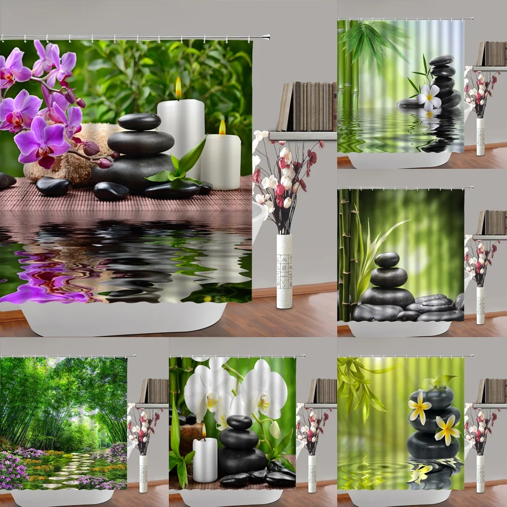

Zen Stone Spa Lotus Shower Curtain Candles Bamboo Water Reflection Meditation Flower Bathroom Curtains Home Decor Waterproof Set