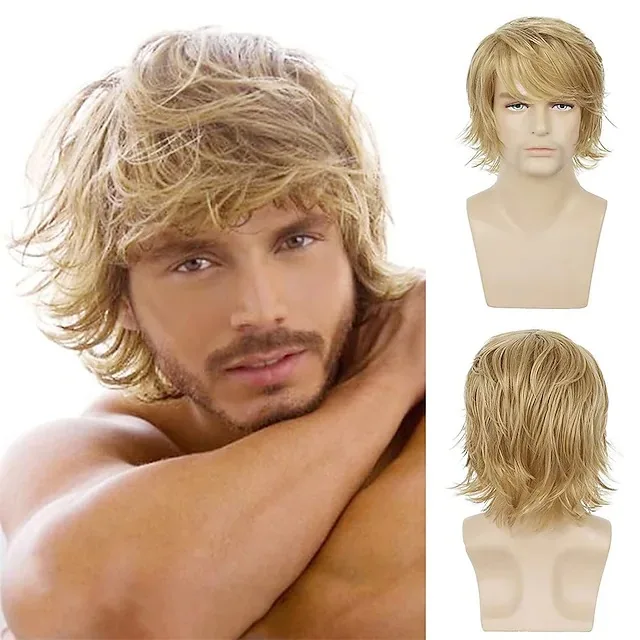 

Men's Wigs High-Temperature Silk Synthetic Fiber Wig Headsets Gold Upturned Short Curly Hair Oblique Bangs Synthetic Fiber Wigs