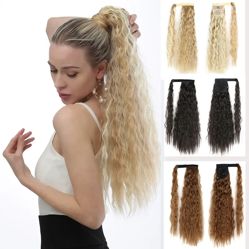 

Wigundle Synthetic Corn Wavy Long Ponytail Hairpiece Wrap on Clip Hair Extensions Ombre Brown Pony Tail Blonde Hair 22Inch 100g