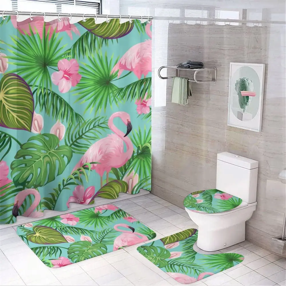 

Tropical Leaf Flamingo Shower Curtain Sets with Non-Slip Rugs Toilet Lid Cover and Bath Mat Waterproof for Bathroom Decor Set