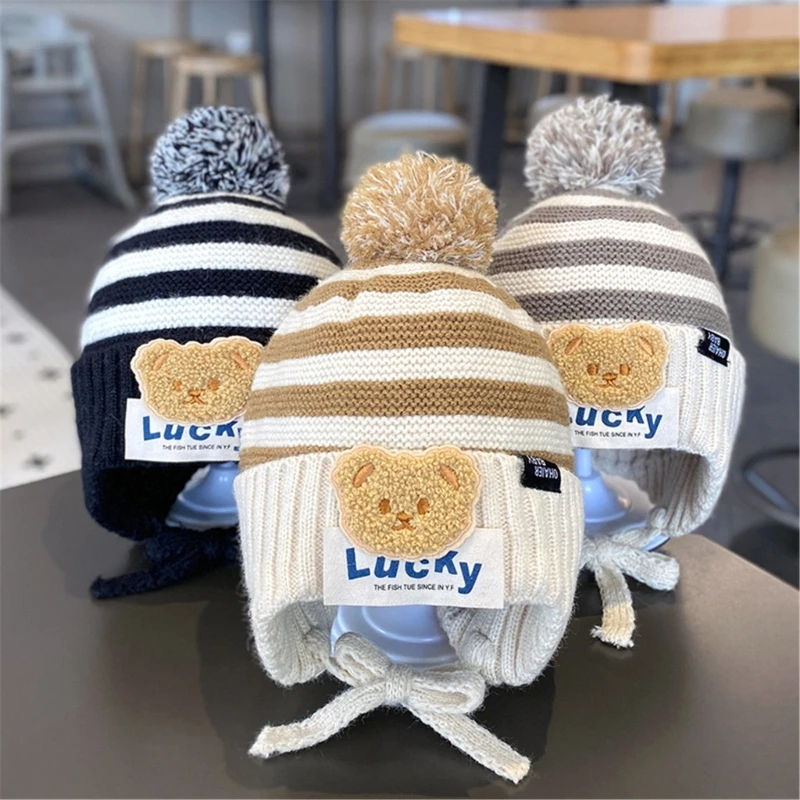 

Winter Toddlers Bonnet Lucky Bear Infant Knitted Hat Soft & Breathable Striped Beanie Cap Windproof for 1-5Y Years Old Children