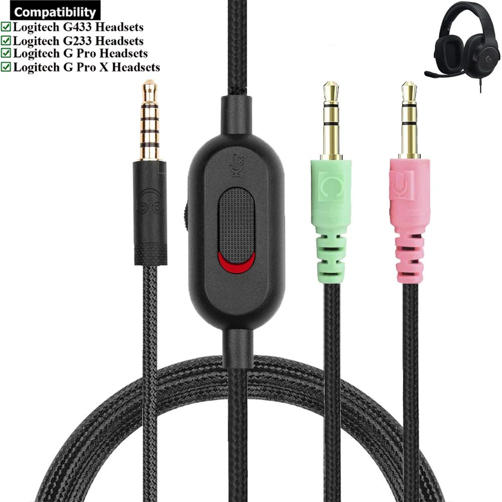 

OFC Braided Replacement Cable Extension Cord Wire For Logitech G433 G233 G Pro X Gaming Headset With Mic Mute Volume Control