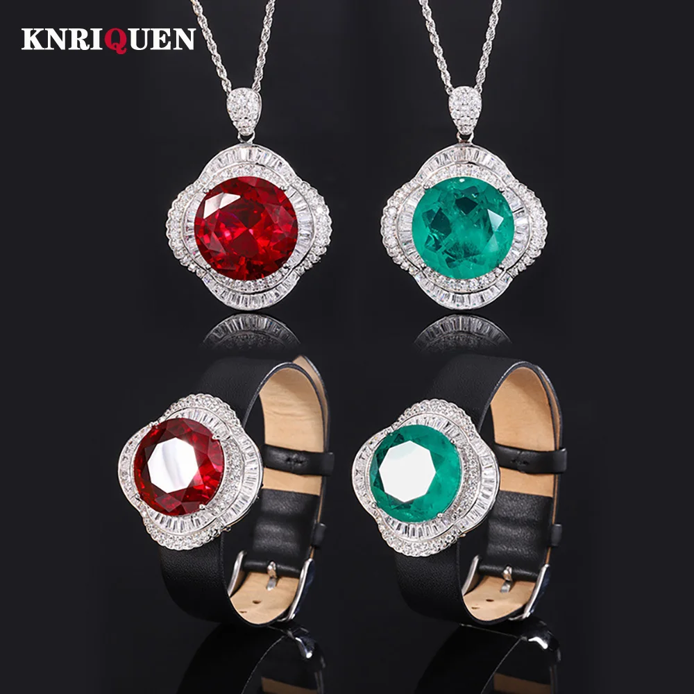 

Retro 925 Real Silver Ruby Emerald Lab Diamond Pendant Necklace Leather Wristband Gemstone Party Fine Jewelry Set Gift for Women