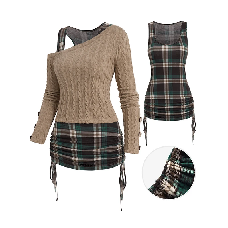 2024 Womens Tops Skew Collar Mock Button Twist Cable Knit Top And Plaid Print Cinched Ruched Tank Top Two Piece Set
2024 Womens Tops Skew Collar Mock Button Twist Cable Knit Top And Plaid Print Cinched Ruched Tank Top Two Piece Set