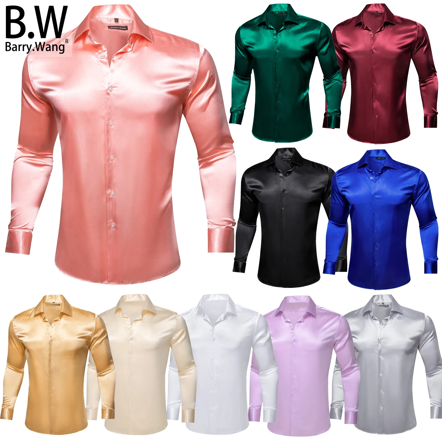 

Luxury Silk Satin Mens Shirts Jacquard Solid Plain Long Sleeve Formal Casual Smooth Male Blouses Wedding Business Barry.Wang
