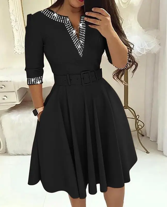 

Women's V-Neck Dress 2024 Summer Latest Casual Colorblock Geometric Round Neck Pocket Zipper Ruched A Line Midi Skirt with Belt