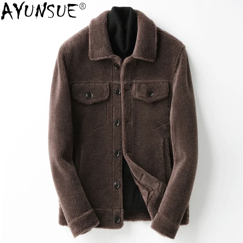 

AYUNSUE Grain Sheep Shearling Jacket Men Clothes Men's Fur Coat Fur All-in-one Leather Jacket Men's Lamb Wool Outerwear Winter