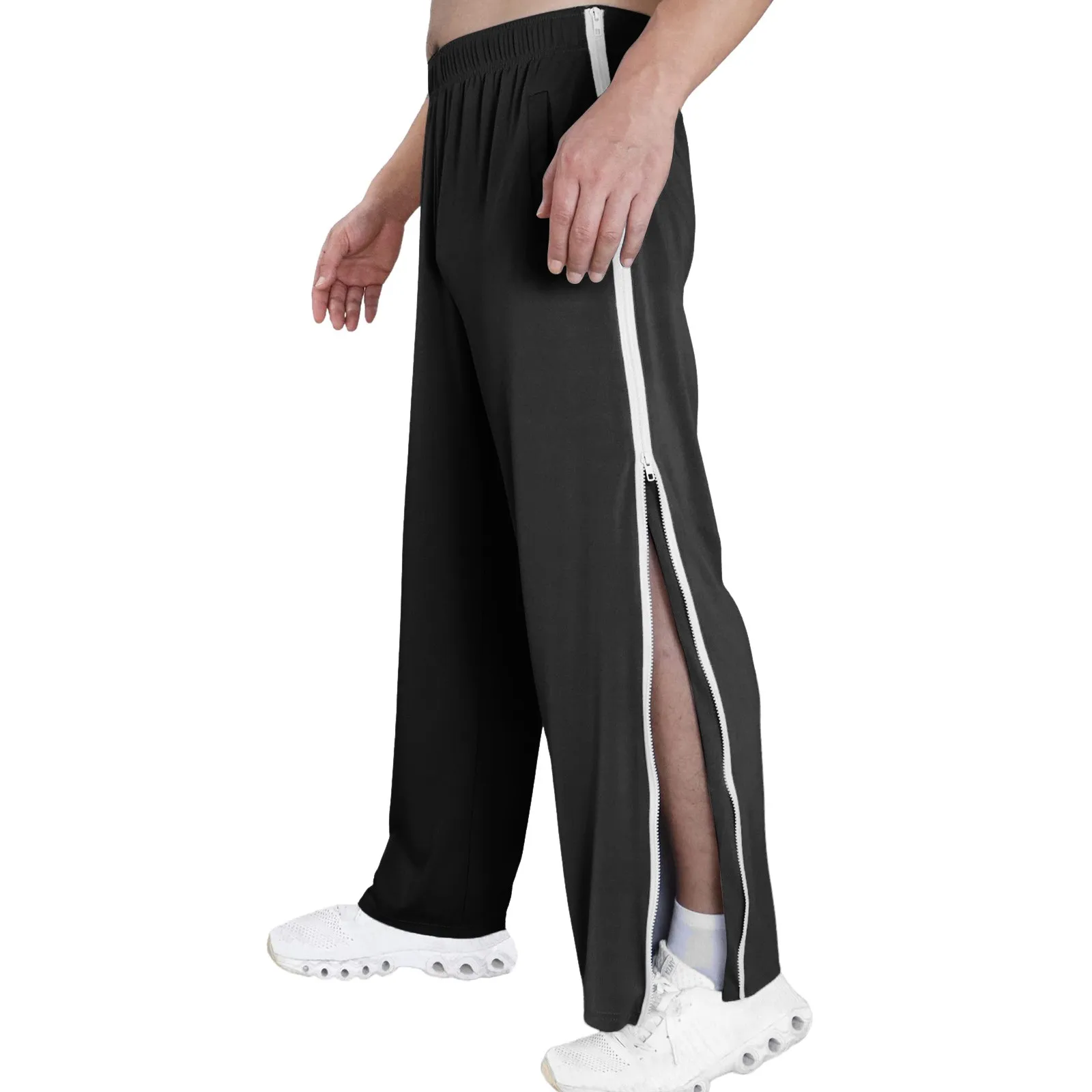 

Mid-Rise Men Sweatpants Elastic Waistband Pockets Sports Trousers Splicing Color Wide Leg Side Zipper Tear Away Basketball Pants