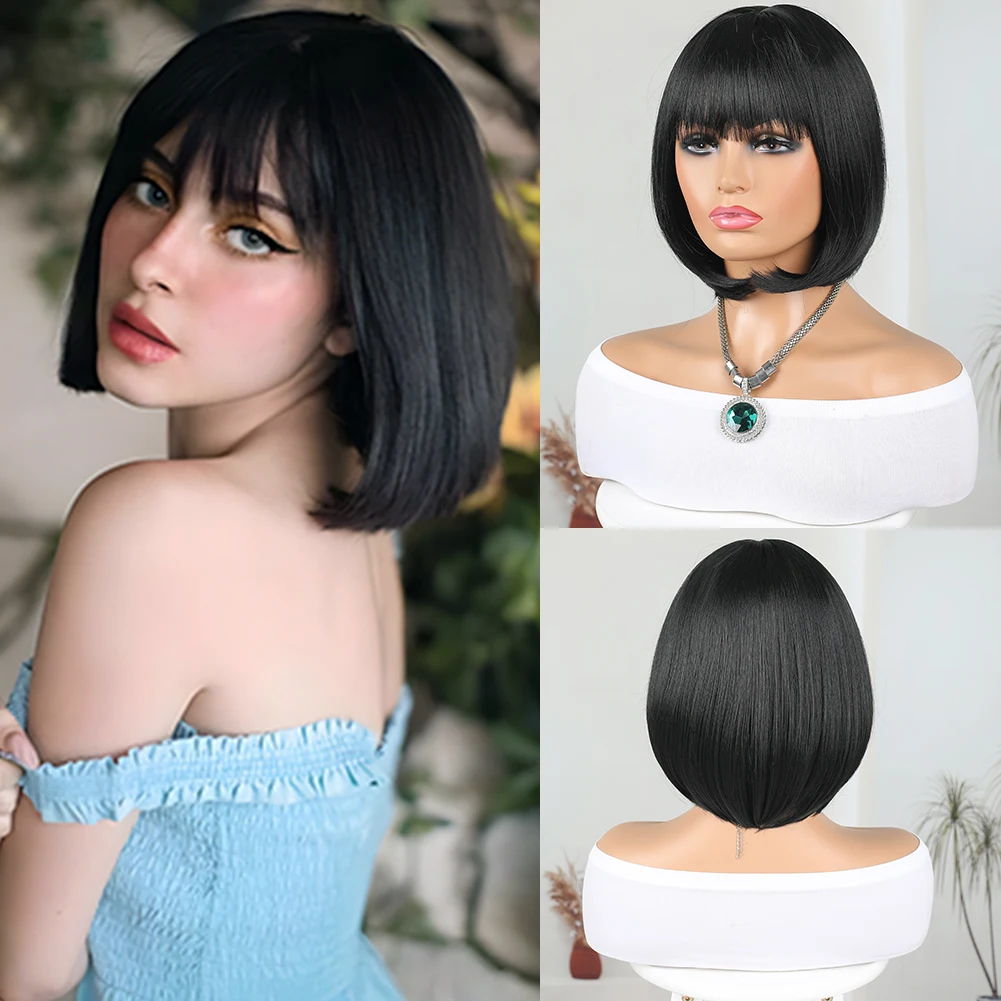 

Short Bob Wig Straight Black Bob Wig with bangs Premium Synthetic Bob Bangs Wig for Women Natural Looking for Daily Use