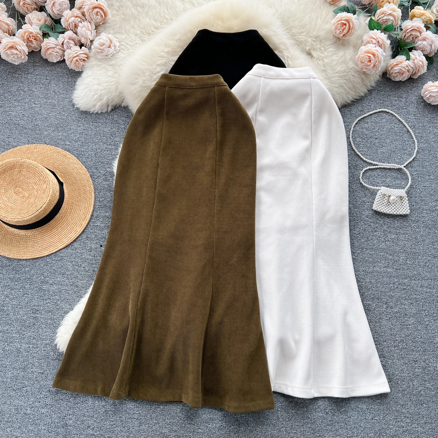 

Chic Skirts for Women Corduroy Trumpet Skirt Womens Casual Longskirts Female Solid Color Almighty French Chic Retro Dropshipping