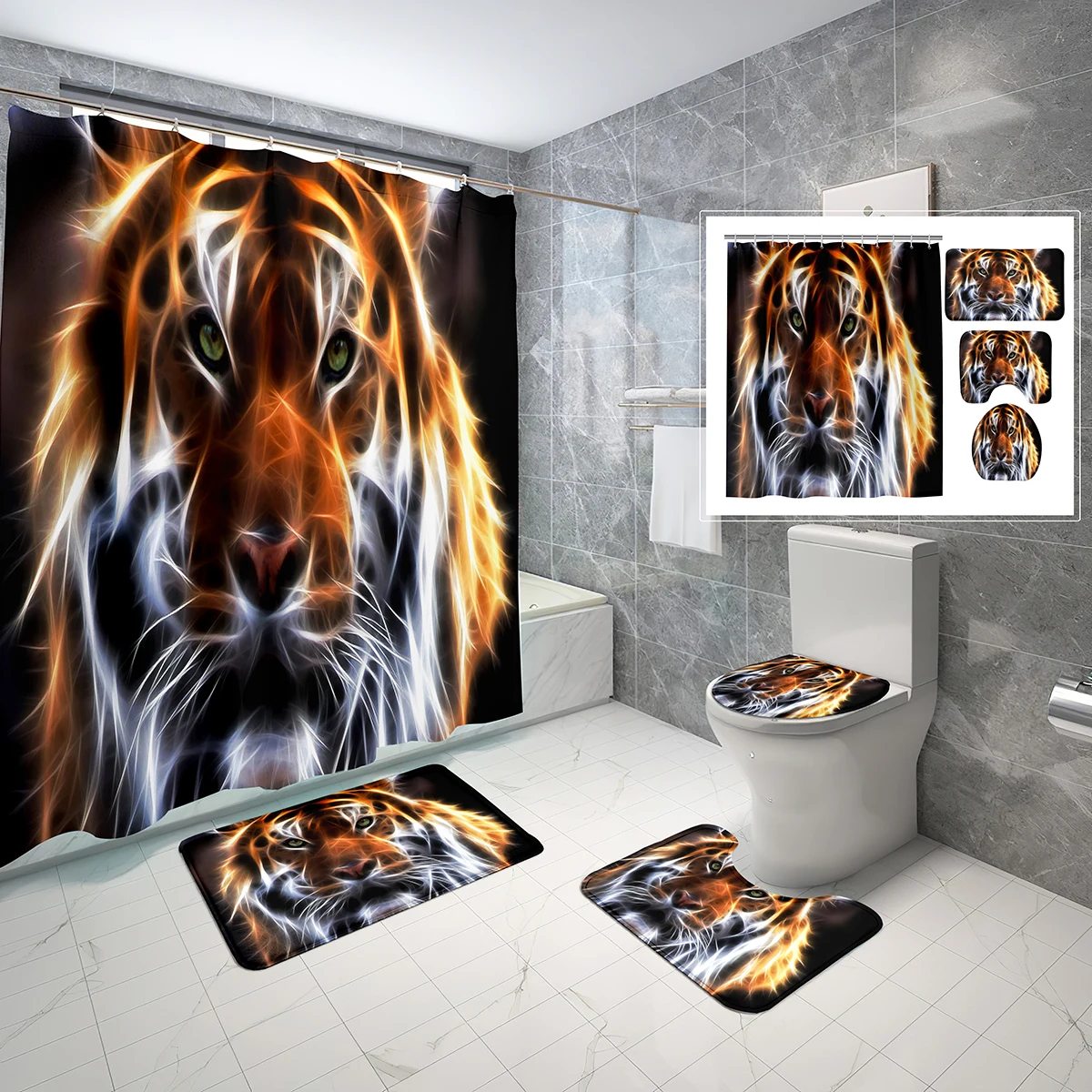 4 Pcs Cartoon Tiger Shower Curtain Sets Fantasy Creative Creature Non-Slip Bath Mat Toilet Cover Waterproof Shower Curtain Set
4 Pcs Cartoon Tiger Shower Curtain Sets Fantasy Creative Creature Non-Slip Bath Mat Toilet Cover Waterproof Shower Curtain Set