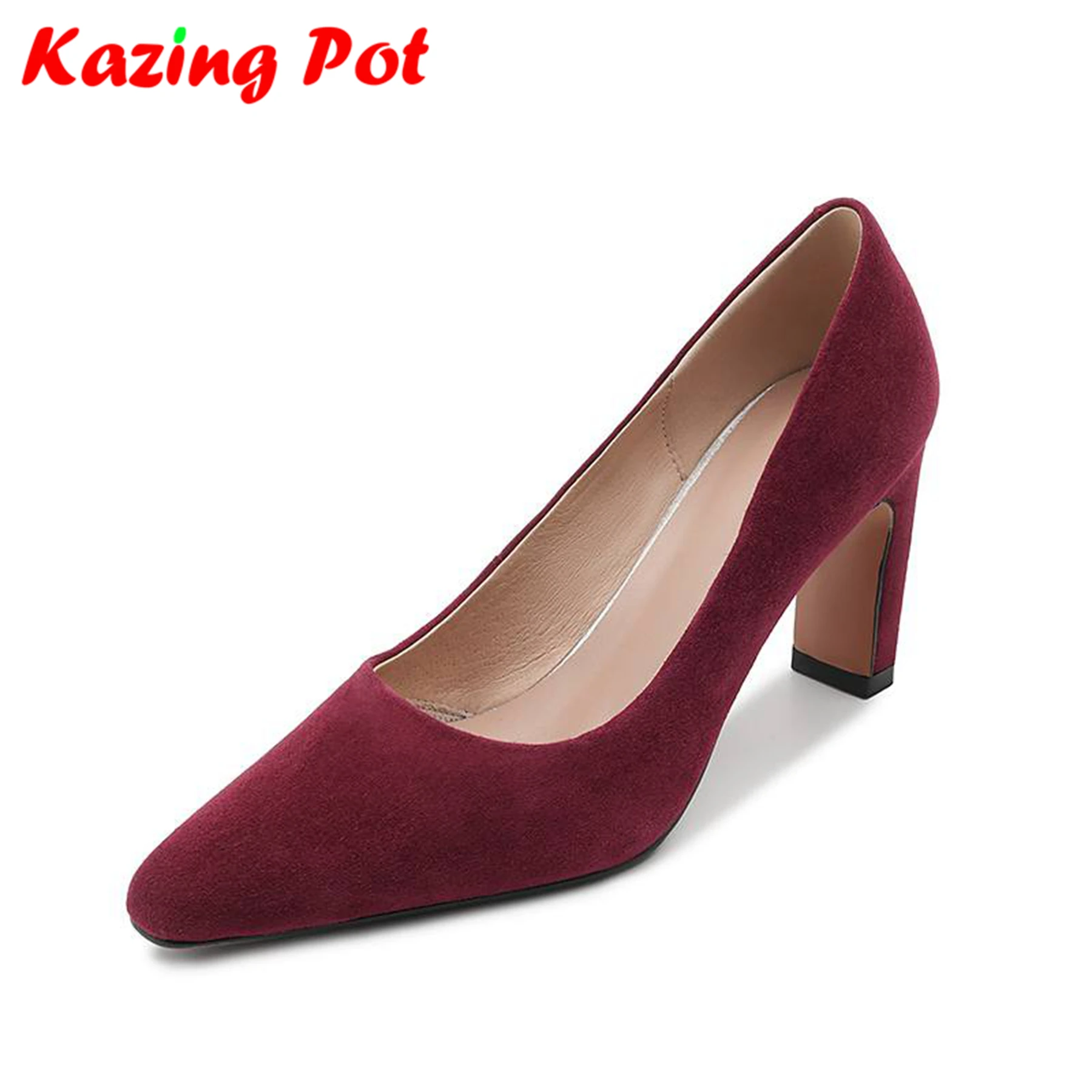 

Krazing Pot Sheep Suede Thick High Heels Pointed Toe European Design Concise Style Women Dating Mature Daily Wear Shallow Pumps