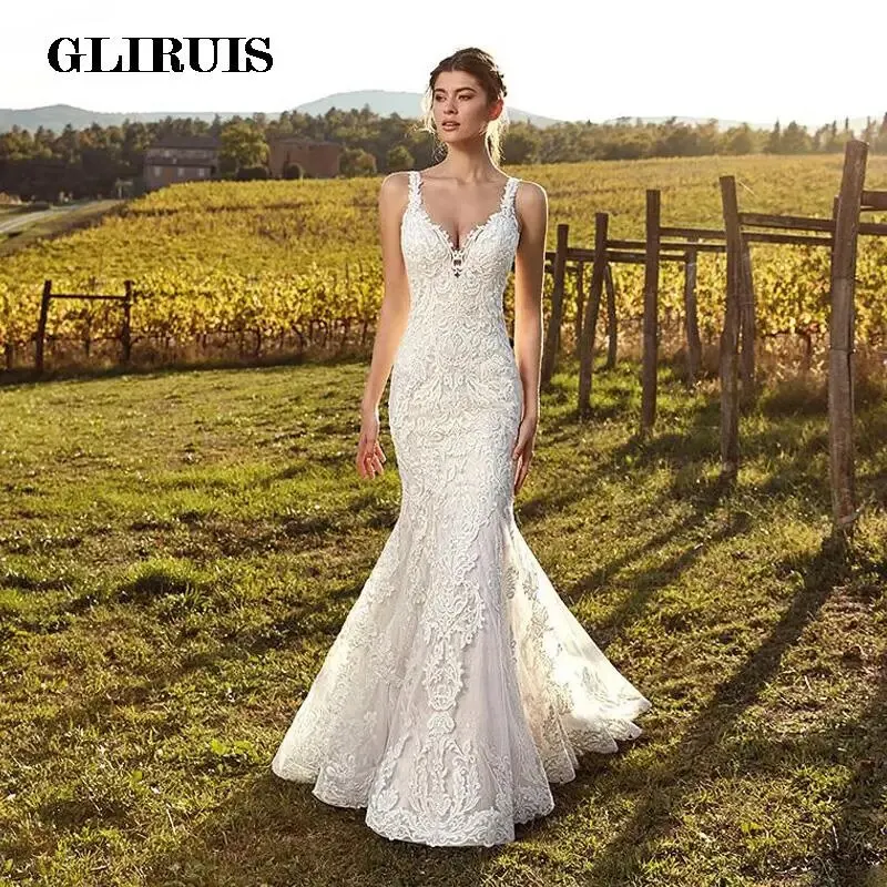 

Appliques Lace Wedding Dresses Mermaid With Sweep Train Illusion Back Long Dress Bridal Formal Gowns Beach Vestido De Noiva