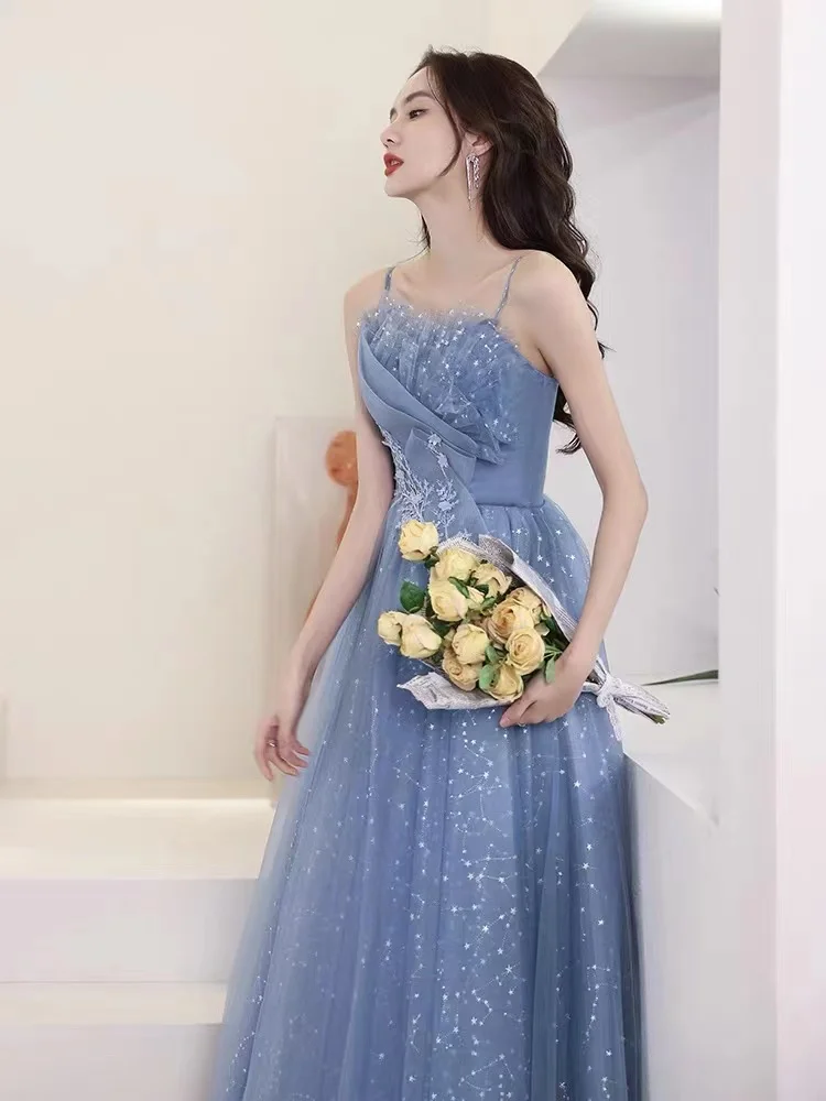 Chic Blue Starry Evening Dresses A-Line Spaghetti Strap Shiny Appliques Tulle Bandage Prom Party Banquet Gown Robe De Soiree New
Chic Blue Starry Evening Dresses A-Line Spaghetti Strap Shiny Appliques Tulle Bandage Prom Party Banquet Gown Robe De Soiree New