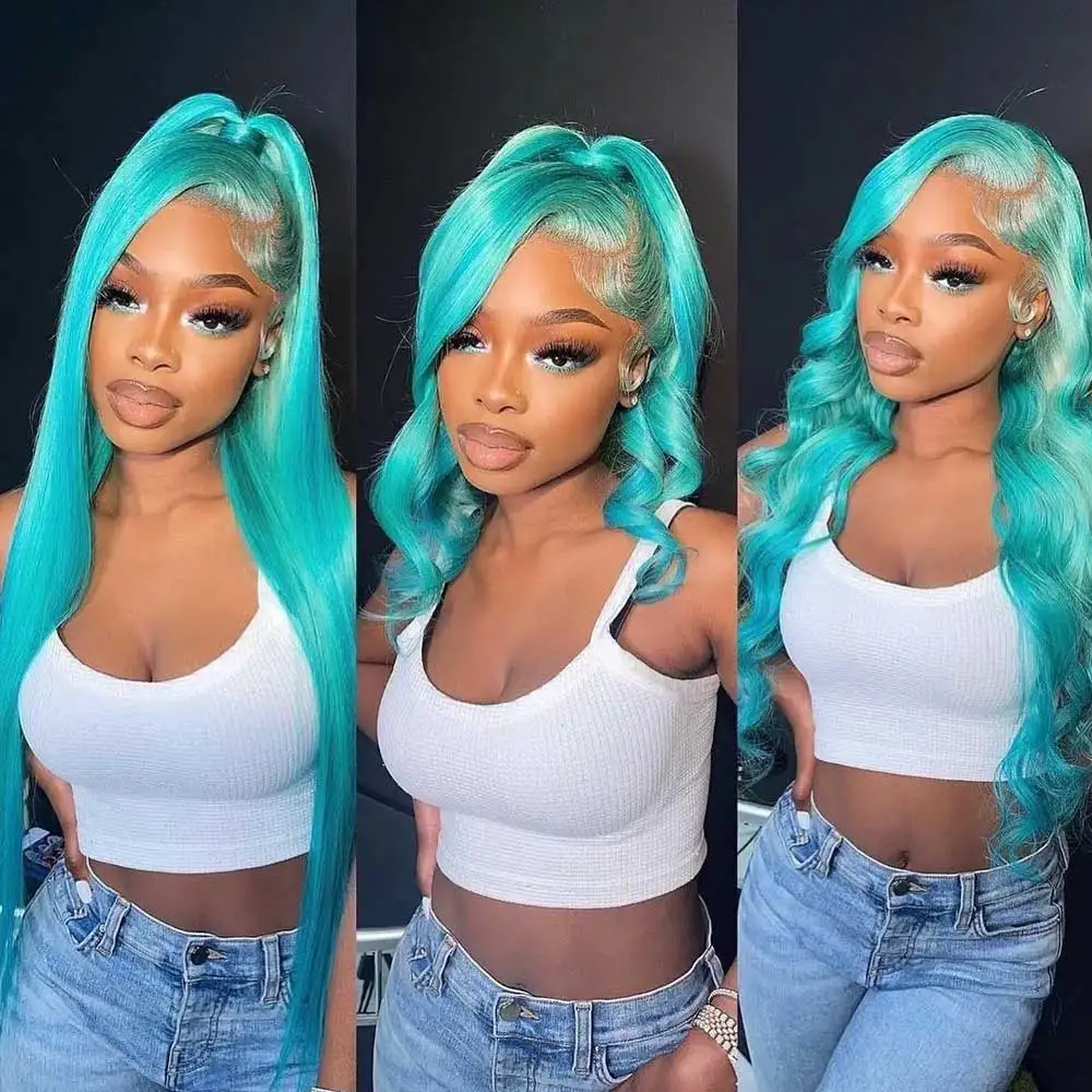 

Mint Green Colored 13x4 HD Lace Frontal Wigs Straight Lace Front Human Hair Wigs Body Wave Pre Plucked Lace Front Wig for Women