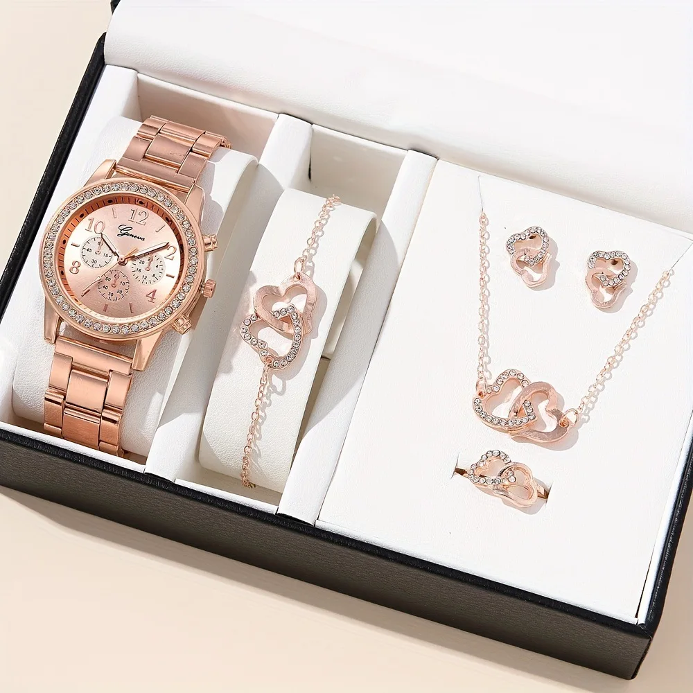 

Rhinestone Luxury Watch Set Rose Gold Large Numerals Dial Wristwatch Alloy Strap Fashion 5 Pcs Set No Box for Ladies Gift reloj