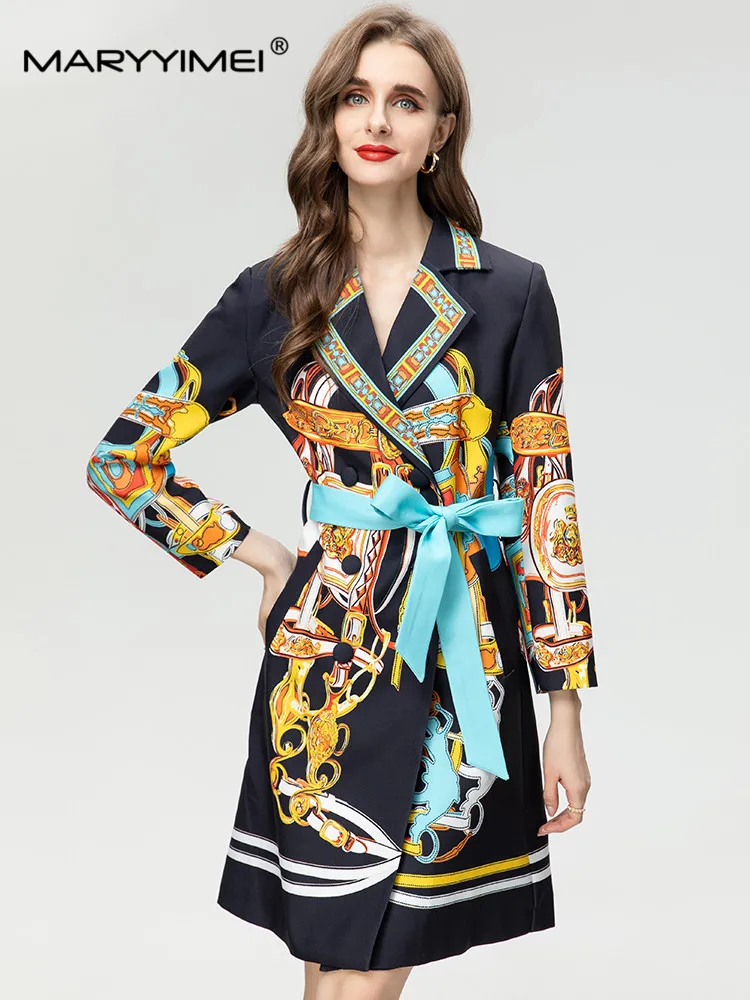 

MARYYIMEI New Fashion Runway Designer Overcoat Women's Laple Long Sleeves Blue Bow Girdle Trendy Abstract Print Trench Coat
