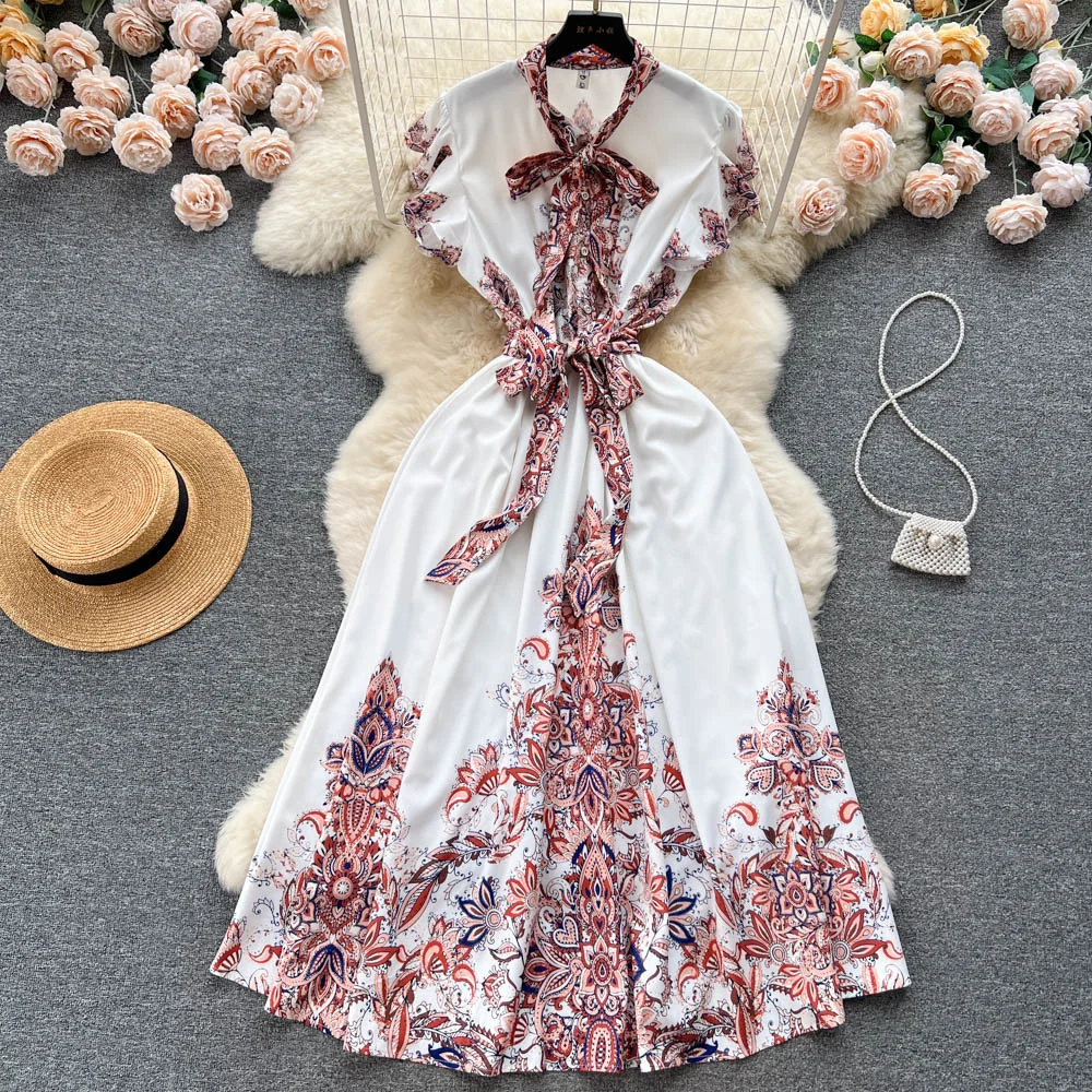 

Foamlina Vintage Floral Print Summer Long Dress for Women Elegant Bow-tied Collar Flying Sleeve Buttons A-Line Party Maxi Dress