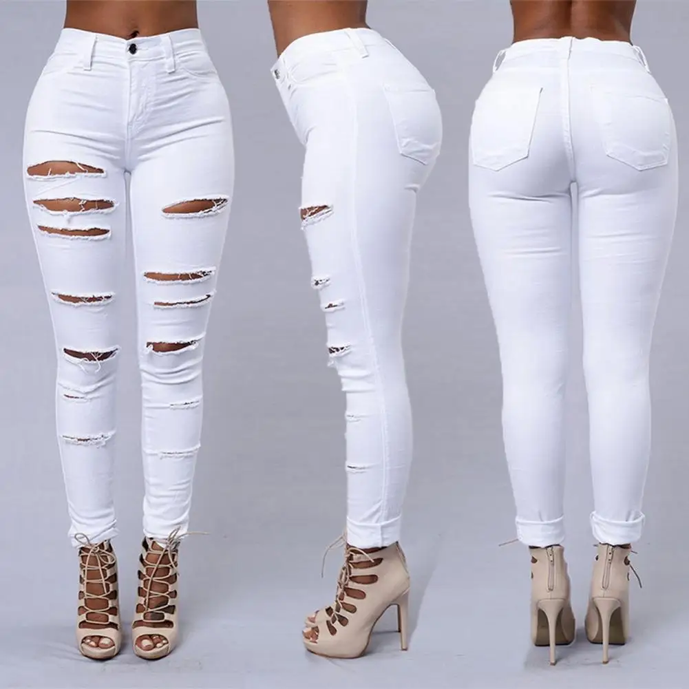 

Comfy Cotton Blend Jeans Stylish Women's Ripped Jeans High-waisted Slim Fit Soft Stretchy Denim for Casual Commute Ankle-length