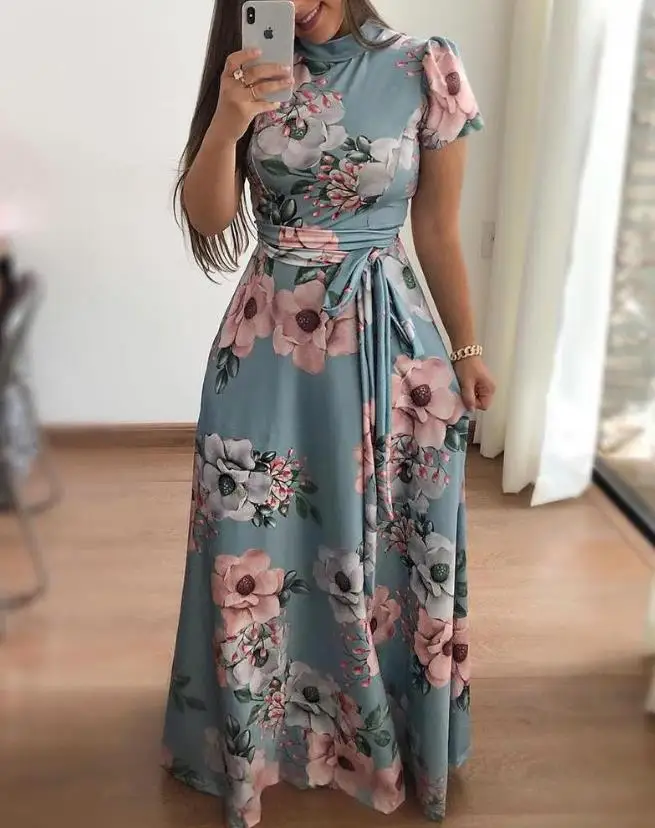 Elegant Women's Dress Floral Print Casual Short Sleeve Mock Neck Tie Waist Skinny A Line Dresses for Women 2023 Summer
Elegant Women's Dress Floral Print Casual Short Sleeve Mock Neck Tie Waist Skinny A Line Dresses for Women 2023 Summer