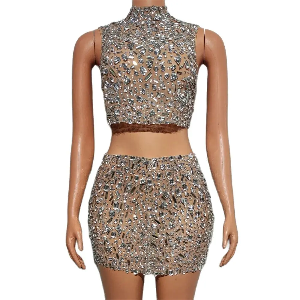 

Sparkly Crystals Top Backless Short Skirt Two Pieces Sexy Mesh Transparent Celebrate Evening Prom Birthday Dress Show Stage Wear