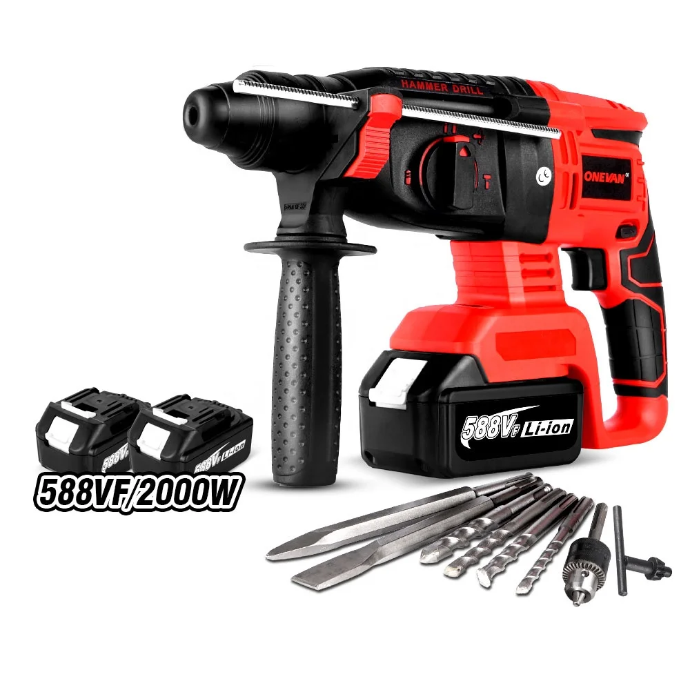 2000W 4 Function 26mm Brushless Cordless Electric Hammer Drill Rotary Hammer Impact Drill with 588vf Battery
2000W 4 Function 26mm Brushless Cordless Electric Hammer Drill Rotary Hammer Impact Drill with 588vf Battery