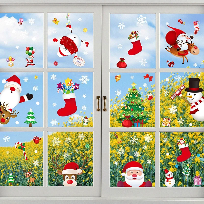 

Рождественские наклейки на окна в виде снежинок, Счастливого Рождества, Санта-Клаус, снеговик, лось, Электростатическая наклейка на дверь, Счастливое Рождество