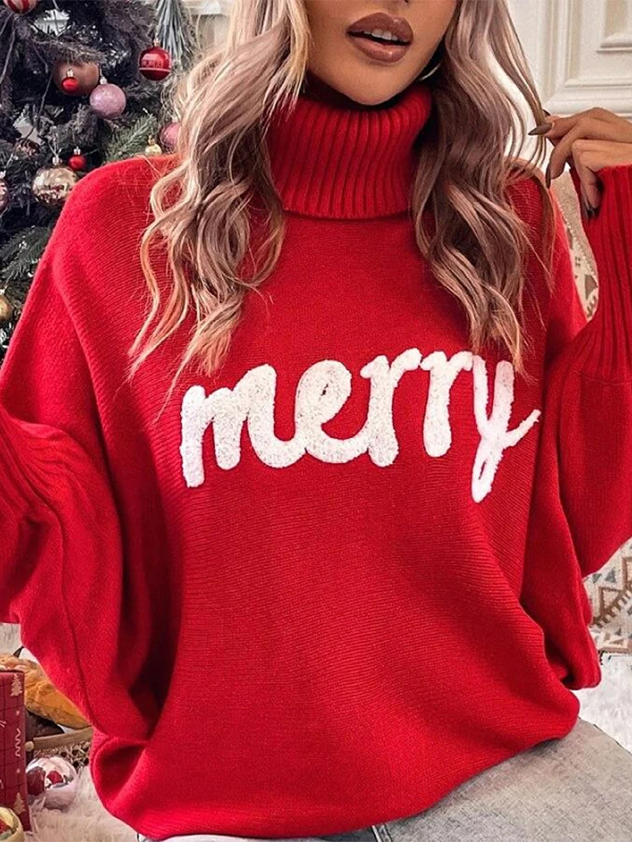 

Женские рождественские свитера с длинным рукавом, водолазка с Вышивкой Букв, пуловер, Повседневные вязаные топы