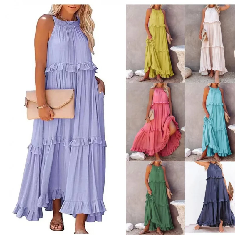 

HMR-Summer New Holiday Style Ruffled Long Dress Large Swing Elegant Beach Dress for Women