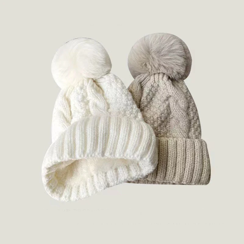

New Winter Twist Knitting Hat For Women Fur Pompom Thick Plush Cap Beanie Solid Color Ladies Warm Ski Snow Skullies Beanies