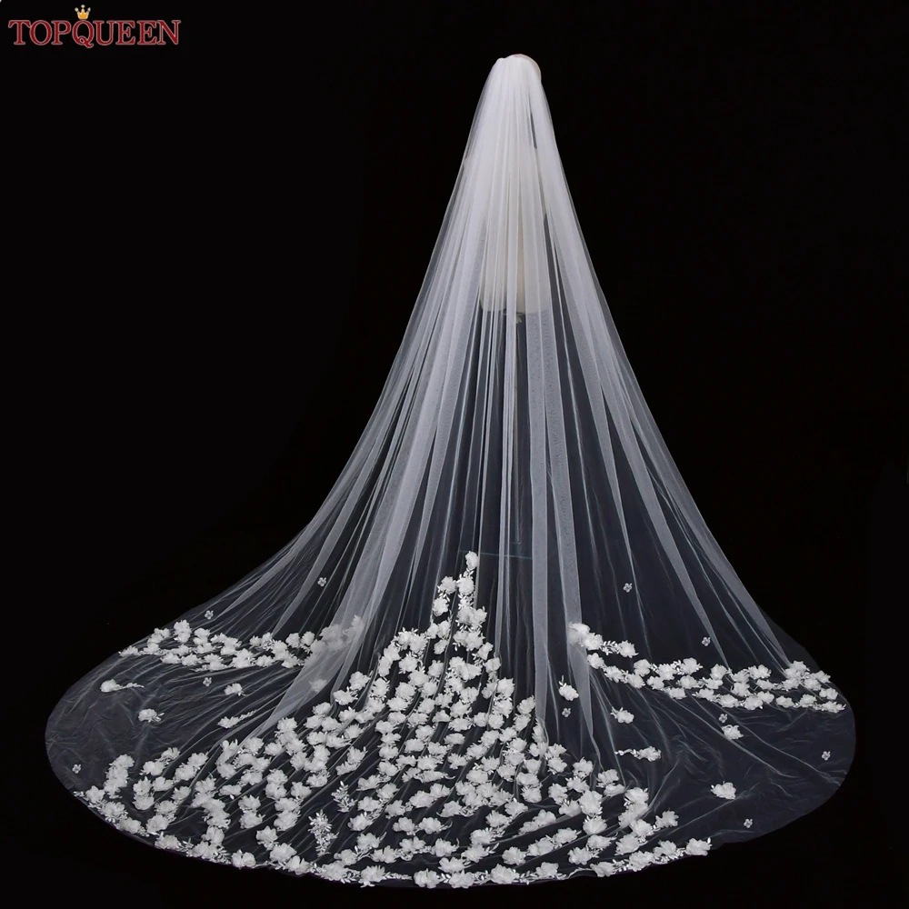 

TOPQUEEN V123 Wedding Veils for Bride Luxury Cathedral Bridal Veil 3d Flowers Soft Italian Tulle Scattered Lace Floral Applique