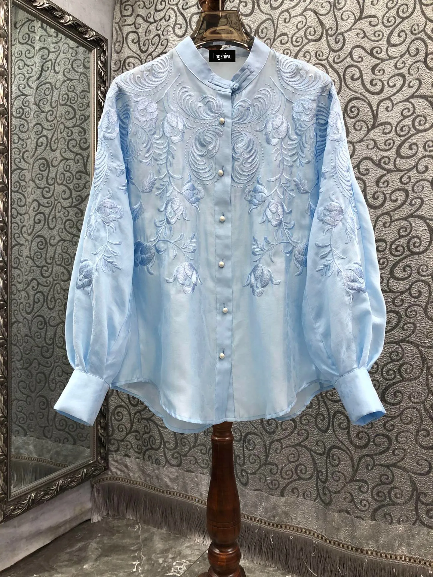 

lingzhiwu Embroidery Flower Blouse 2024 Spring Female French Stand Collar Single Breasted Lantern Sleeve Top New Arrive