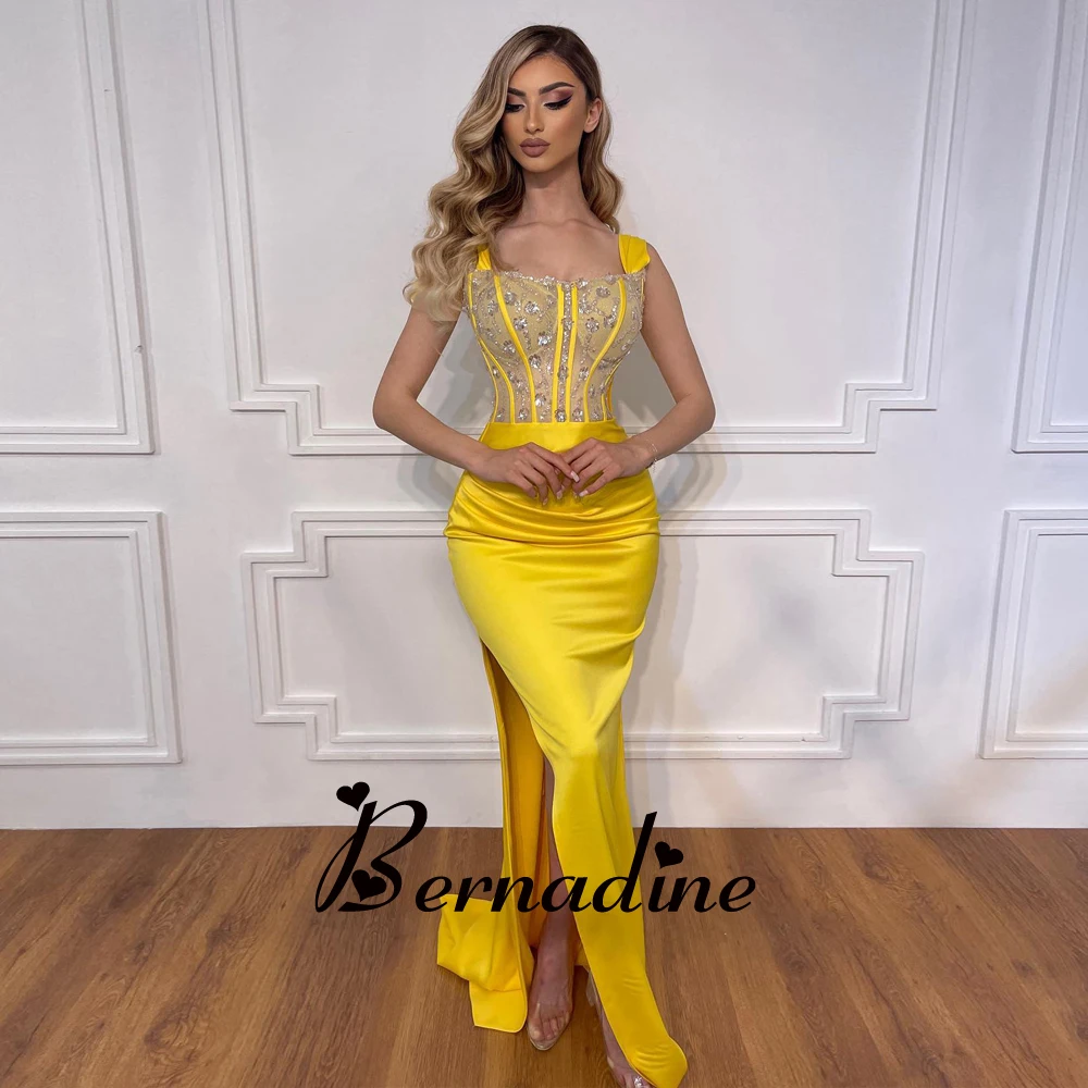 

Bernadine Prom Dresses Fancy Square Collar Evening Party For Women Mermaid Satin Slit Appliques Sweep Train Robes De Soirée