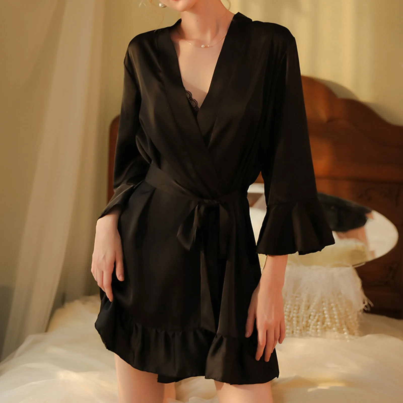 

2024 New Satin Nightgown Women Long Loungewear Silk Solid Color Loose Tie Belt Asymmetrical Soft Pajama Nightdress Robe
