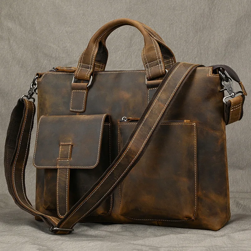 

Fashion Crazy Horse Leather Briefcase Bag Men Laptop Bags Men OfficeTote Bag Cow Leather Handbag A4 Portfolio Men's Hand Bags