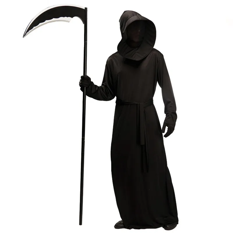 

Men Black Death Robe Cosplay Adult Halloween Hell Devil Demon Scary Costumes Carnival Purim Parade Role Play Showing Party Dress