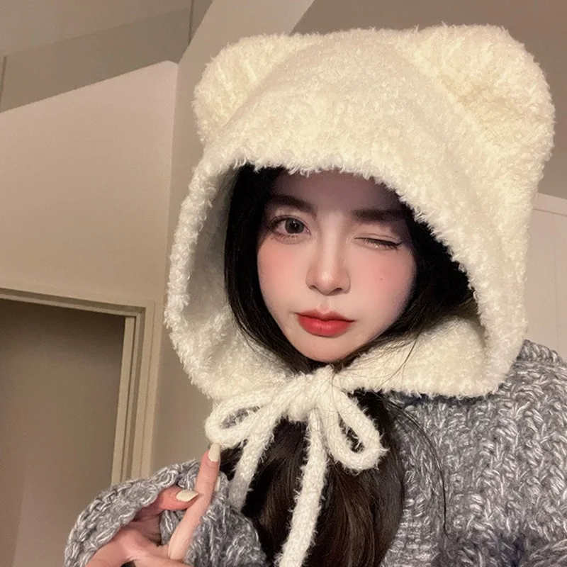 

Korea Bear Ears knitted Winter Beanies Hat Cute Plush Warm Lace-up Ear Protection Woolen Bomber Cap Bonnets Knitting Women Gorro