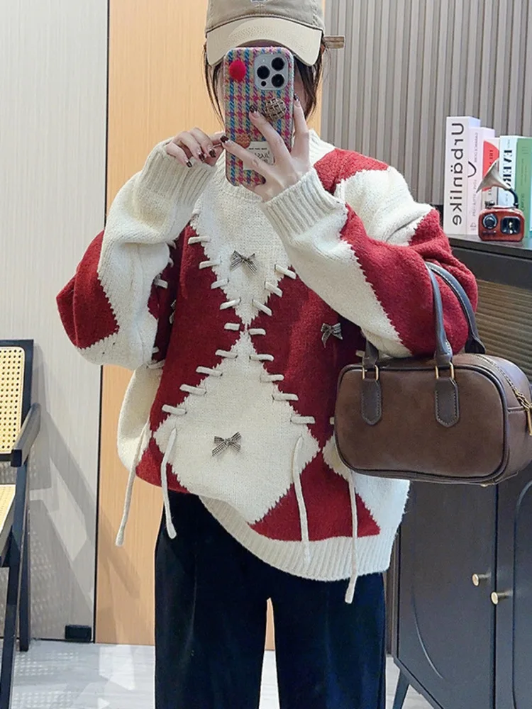 Vintage Unique Contrast Argyle Bow Knitwear Loose Pullover Long Sleeves O Neck Sweater Women 2024 Spring Winter X631
Vintage Unique Contrast Argyle Bow Knitwear Loose Pullover Long Sleeves O Neck Sweater Women 2024 Spring Winter X631