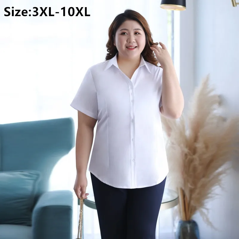 

Рубашка женская с V-образным вырезом, официальная блузка свободного покроя для работы, с коротким рукавом, офисная одежда, большие размеры 10XL 9XL 8XL 7XL, белый синий цвет, на лето
