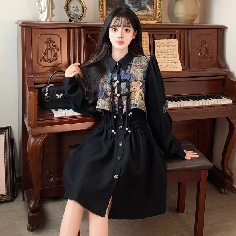 Dresses For Women Large Size 4XL Autumn Winter Loose Female Black Bear Embroidered Tassel Single-breasted Fake Two Piece Vestido
Dresses For Women Large Size 4XL Autumn Winter Loose Female Black Bear Embroidered Tassel Single-breasted Fake Two Piece Vestido