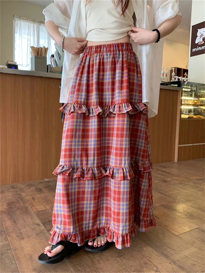 

Alien Kitty Vintage Plaid Cake Skirts Women Summer High Waist 2024 Ruffles Gentle Casual New Loose Daily All Match Chic Slim